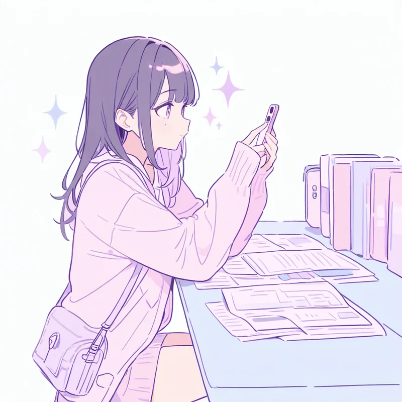 テーブルの書類をスマホで撮影している女性のイラスト