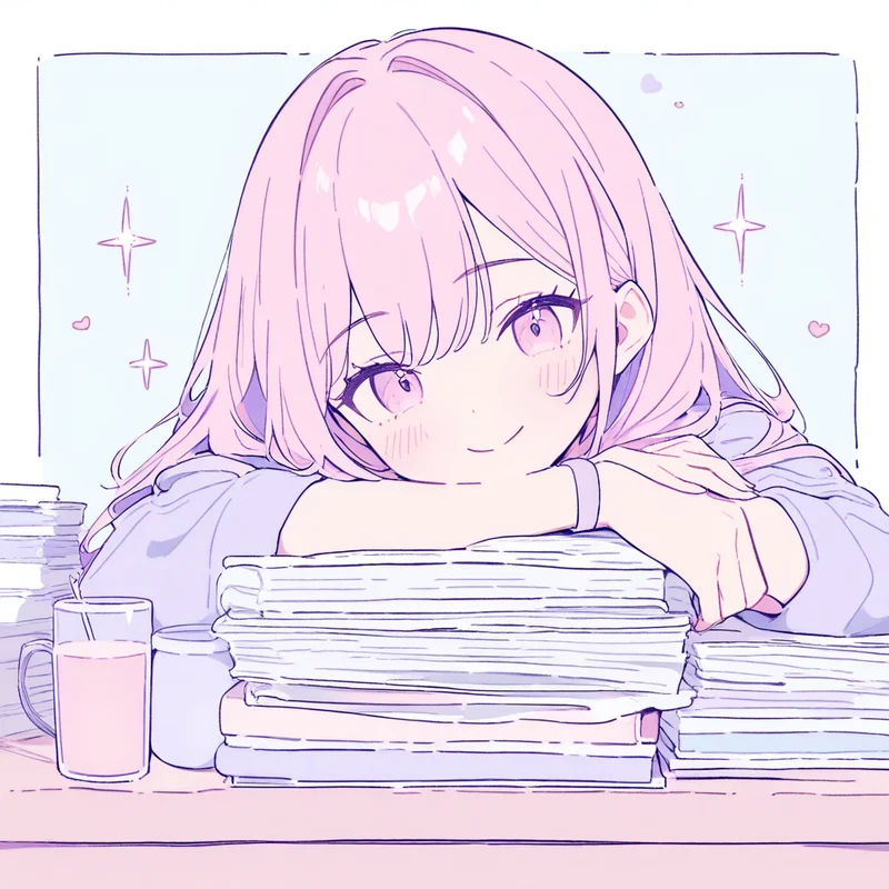 きれいに揃った書類に安心している女性のイラスト